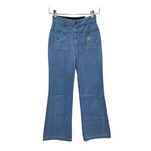 Vintage Blue Embroidered Cotton Flare Pants With Butterfly & Flower Design Size